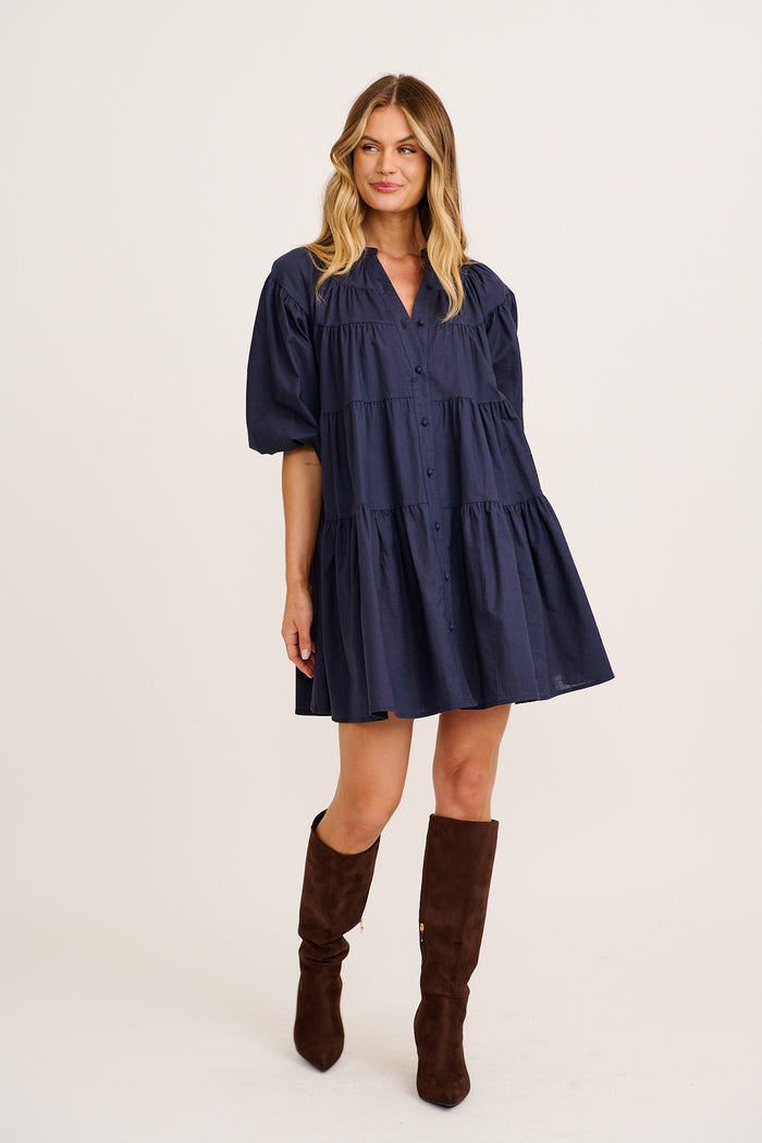 Floating Free Smock Dress in Navy Cotton Linen | St Frock