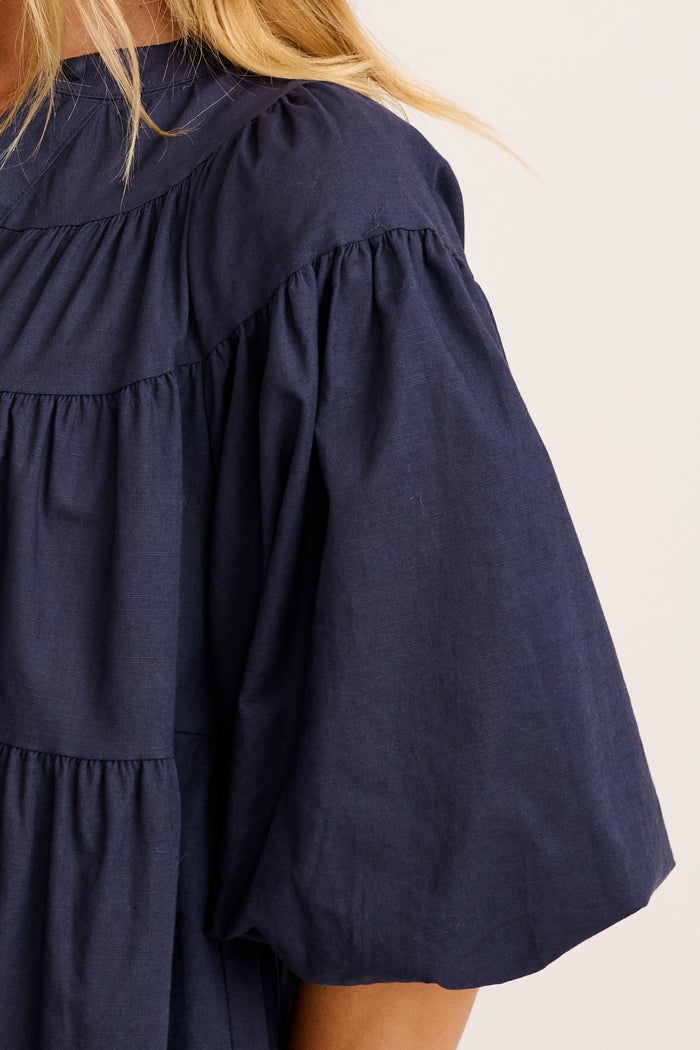Floating Free Smock Dress in Navy Cotton Linen detail