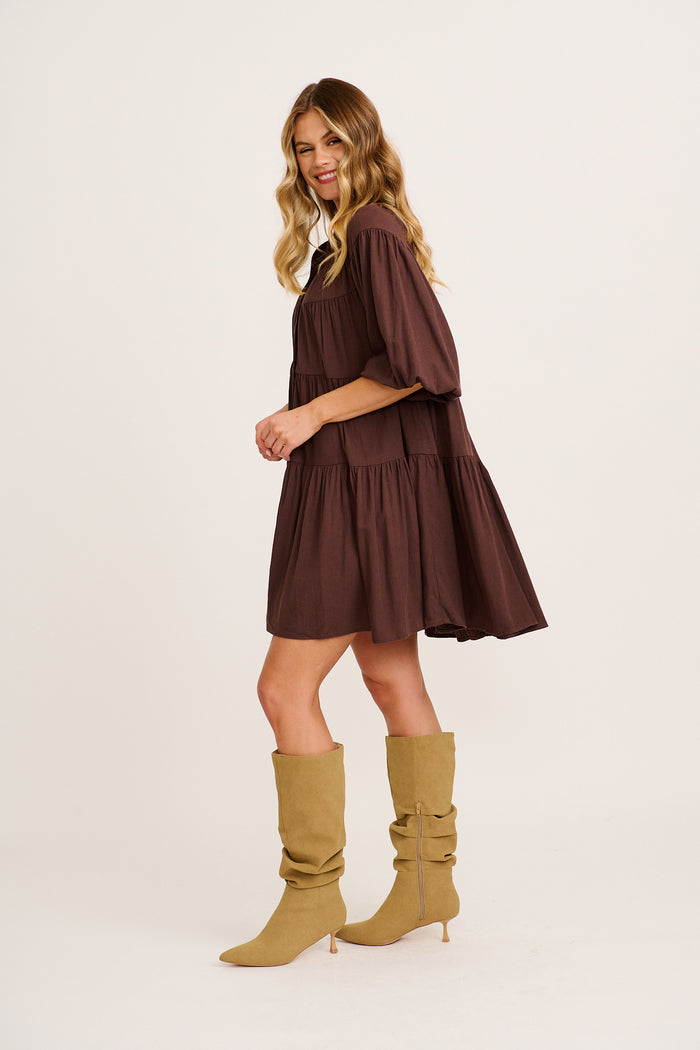 Floating Free Smock Dress in Chocolate Cotton Linen side