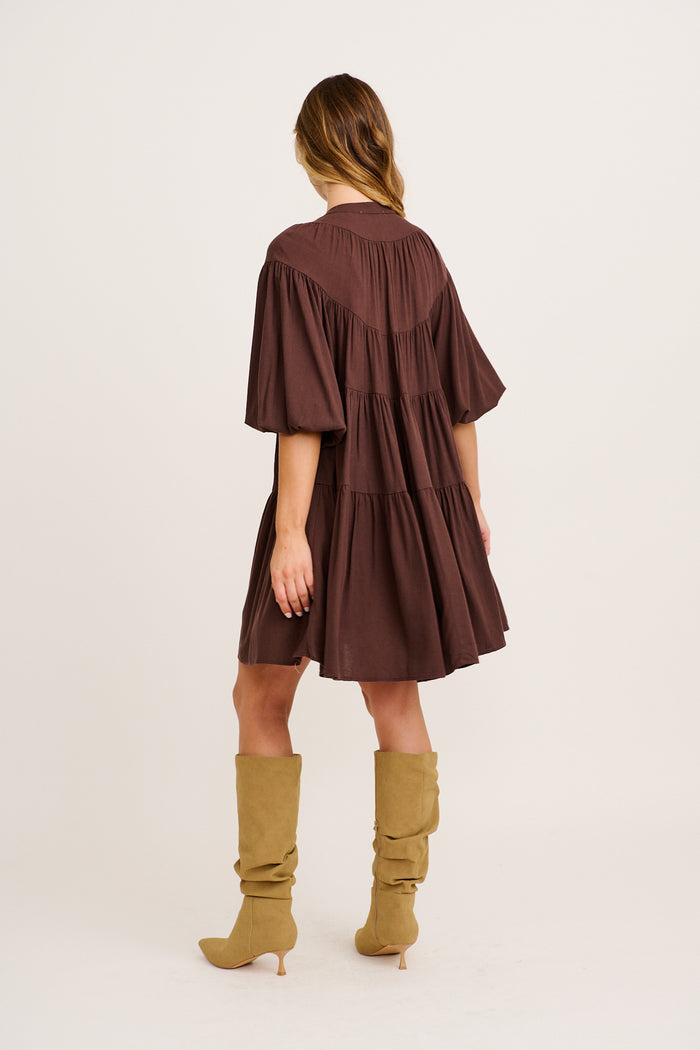 Floating Free Smock Dress in Chocolate Cotton Linen back