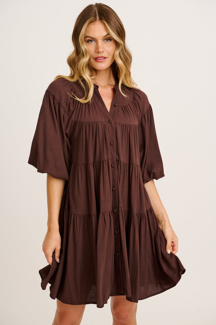 Floating Free Smock Dress in Chocolate Cotton Linen front
