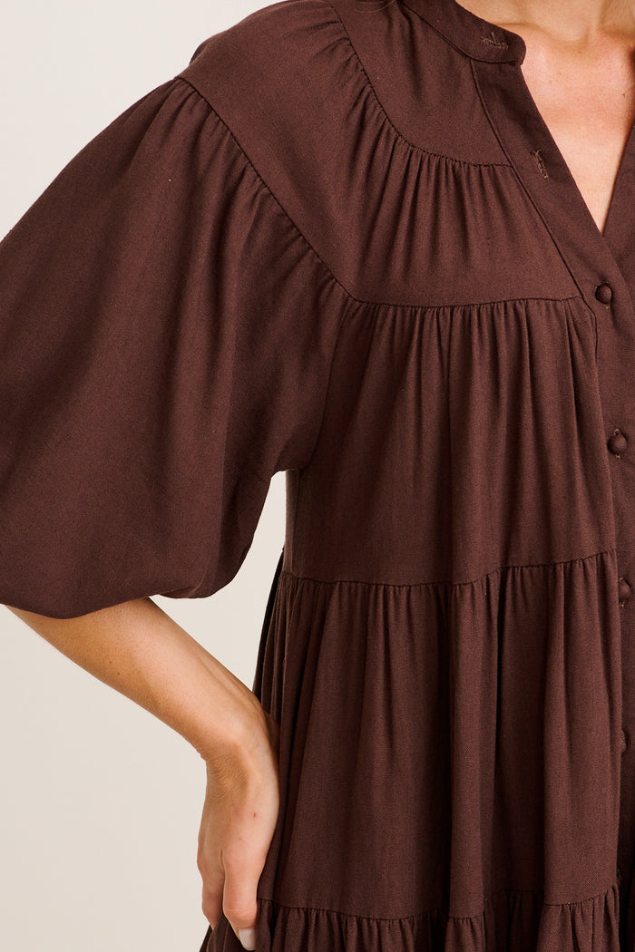 Floating Free Smock Dress in Chocolate Cotton Linen detail