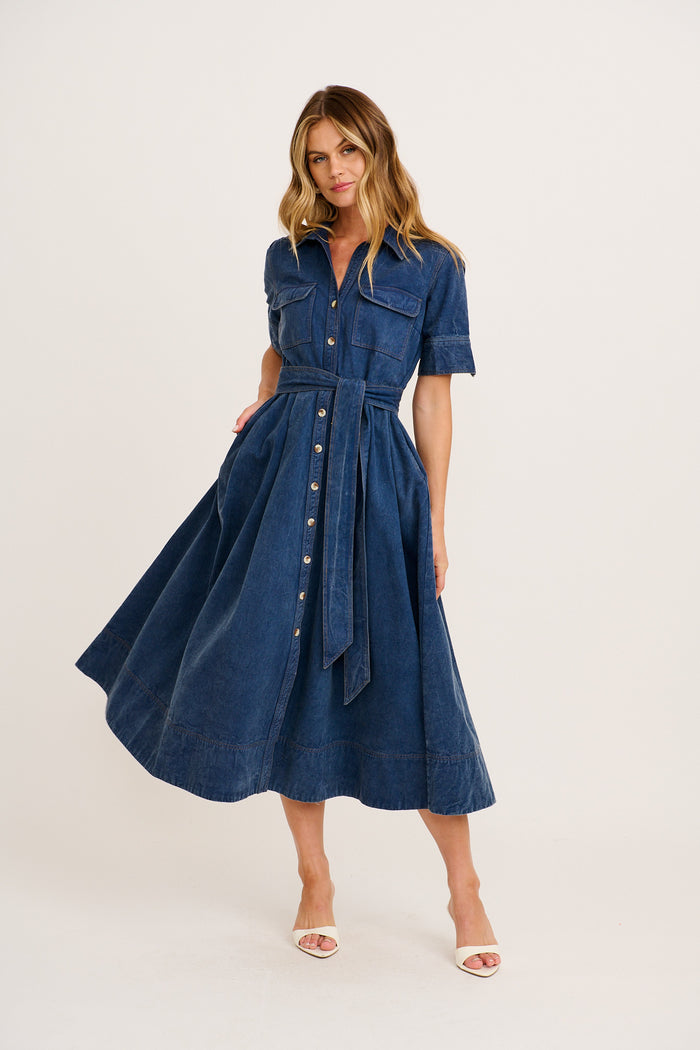 Heritage Maxi Shirt Dress in Indigo Cotton Twill full length