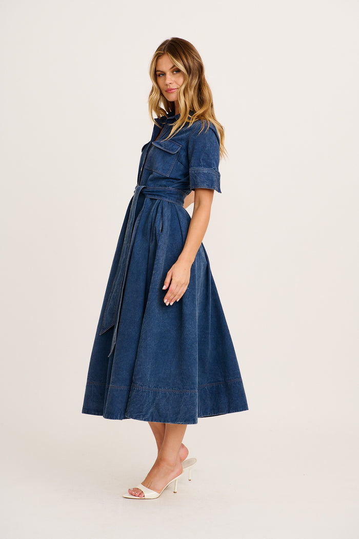 Heritage Maxi Shirt Dress in Indigo Cotton Twill side