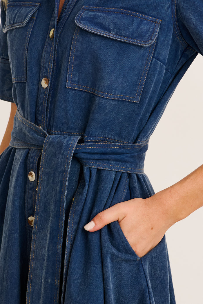Heritage Maxi Shirt Dress in Indigo Cotton Twill detail