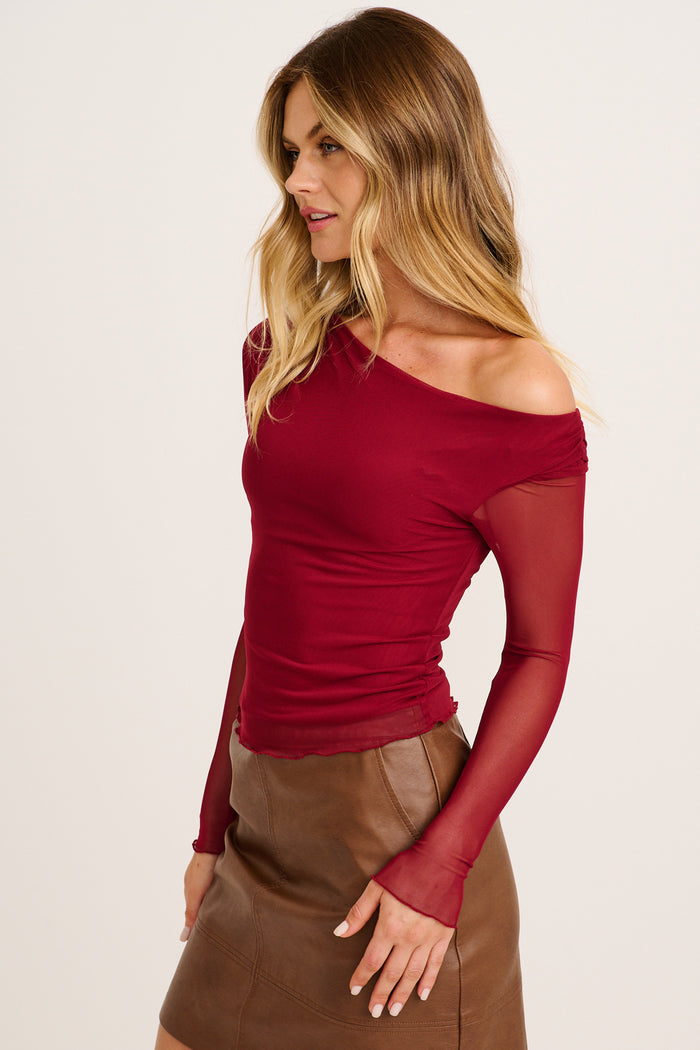 Contour Off Shoulder Top in Wine Mesh side