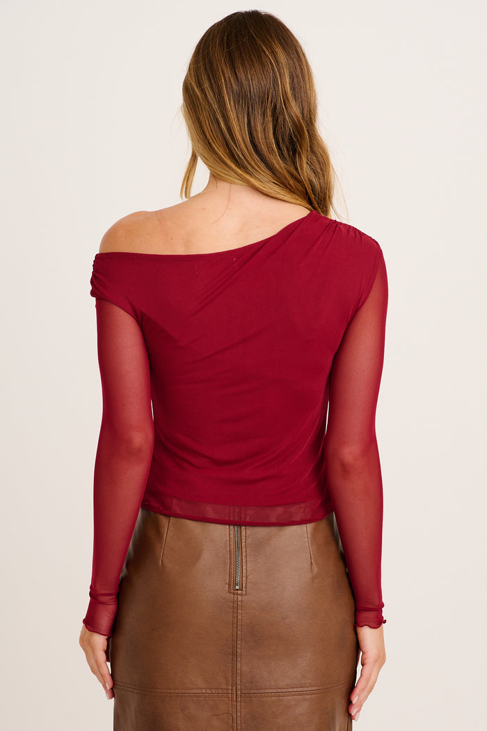 Contour Off Shoulder Top in Wine Mesh back