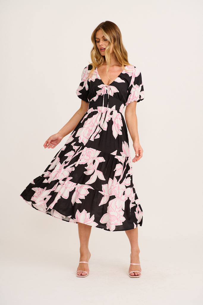 Dare to Dream Midi Dress Black Pink Floral