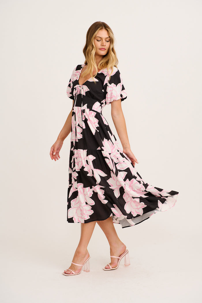Dare to Dream Maxi Dress in Black with Pink Floral side