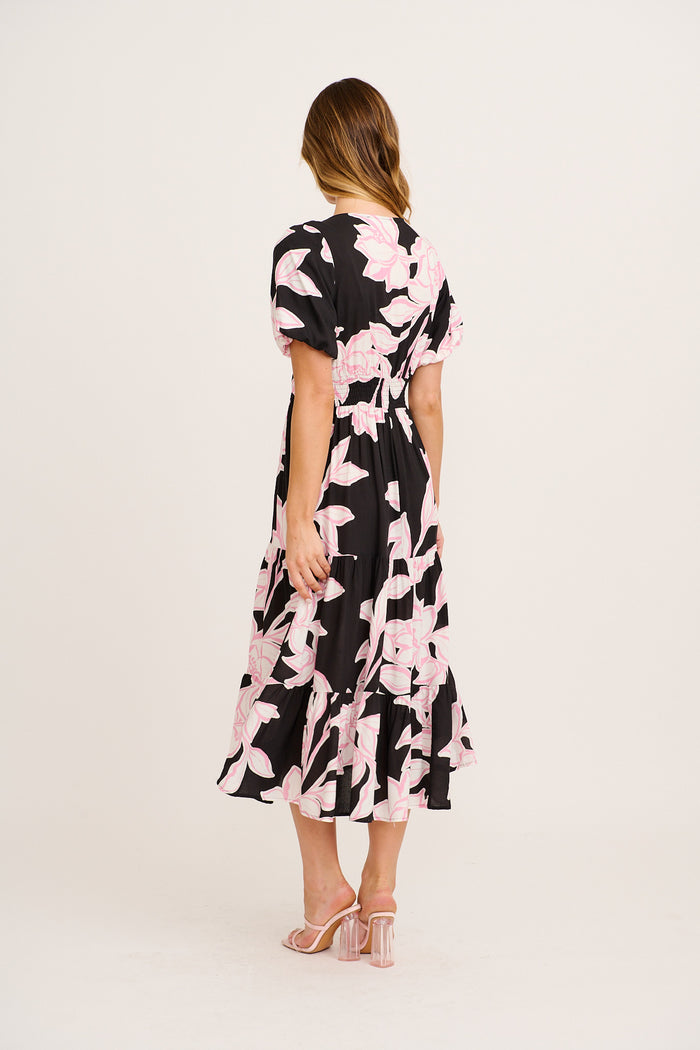 Dare to Dream Maxi Dress in Black with Pink Floral back