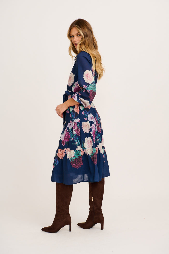 Amaryllis Midi Shirt Dress in Navy with Multi Floral side