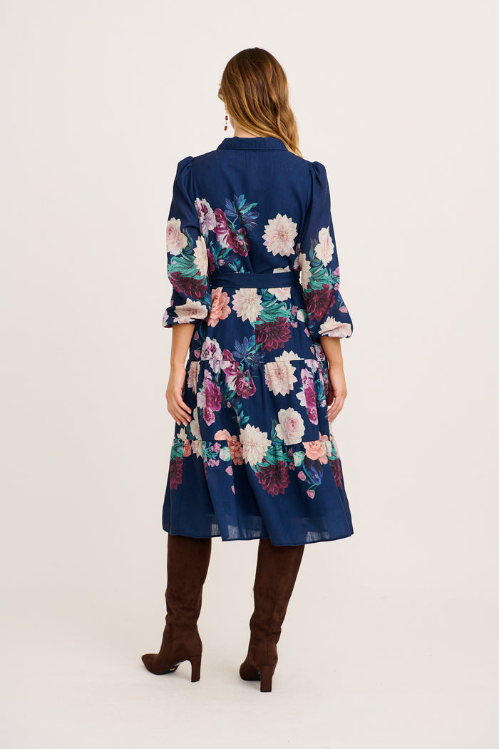 Amaryllis Midi Shirt Dress in Navy with Multi Floral back