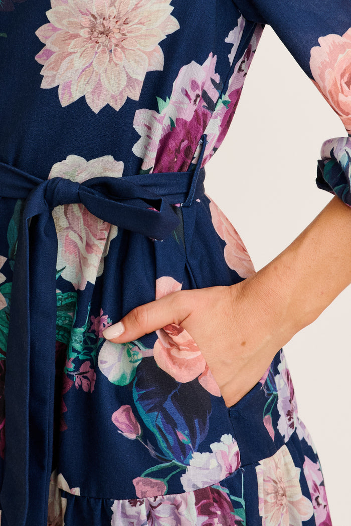 Amaryllis Midi Shirt Dress in Navy with Multi Floral detail