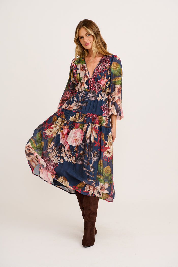 Brigette Midi Dress in Navy with Multi Floral full length