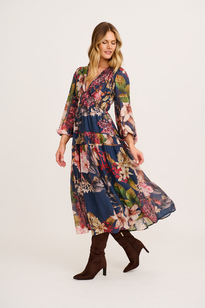 Brigette Midi Dress in Navy with Multi Floral side