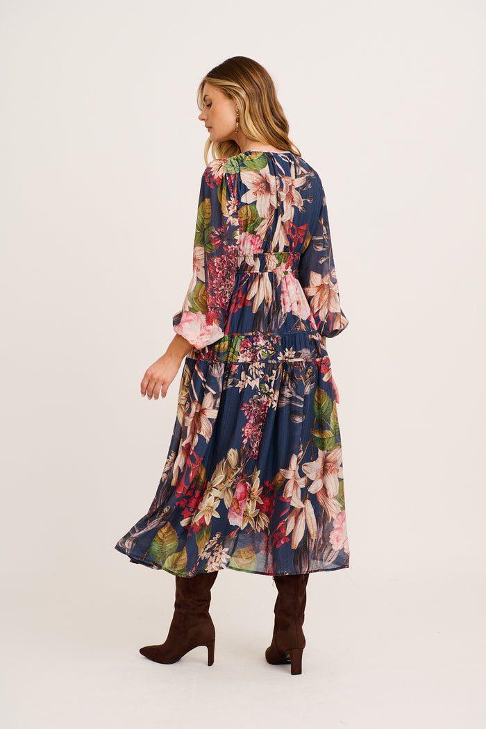Brigette Midi Dress in Navy with Multi Floral back