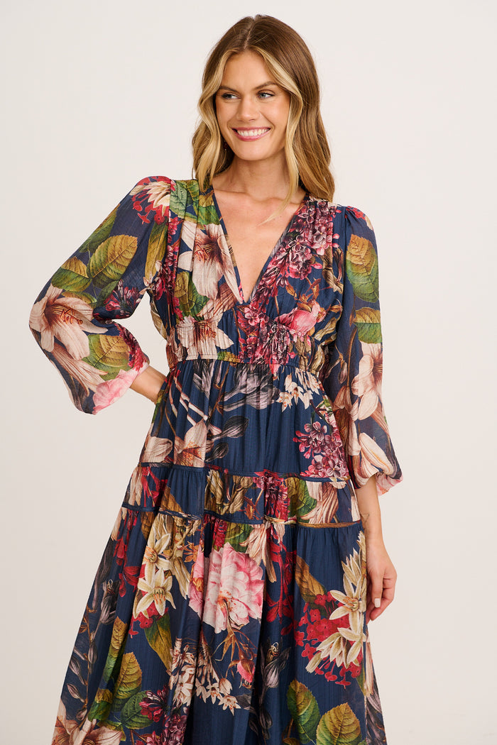 Brigette Midi Dress in Navy with Multi Floral front
