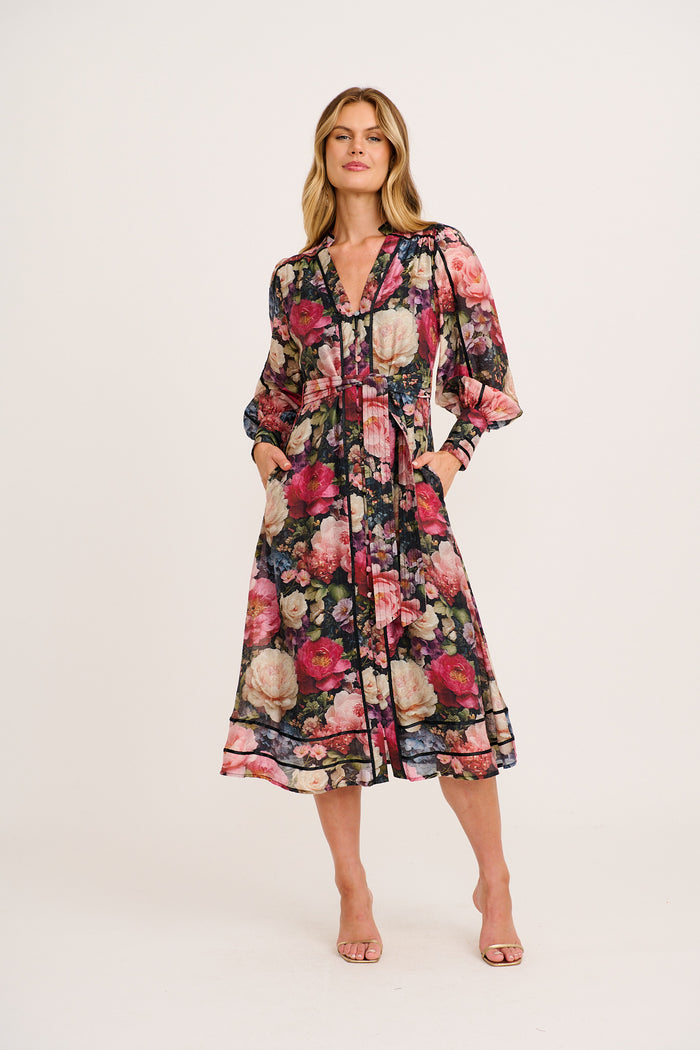 Jarren Midi Dress in Navy with Multi Floral Linen Blend