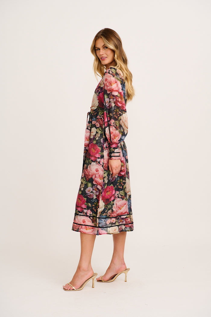 Jarren Midi Dress in Navy with Multi Floral Linen Blend side