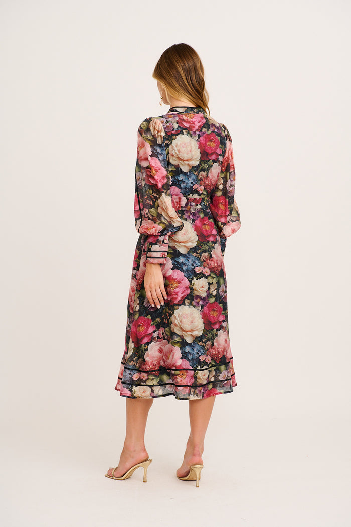 Jarren Midi Dress in Navy with Multi Floral Linen Blend back