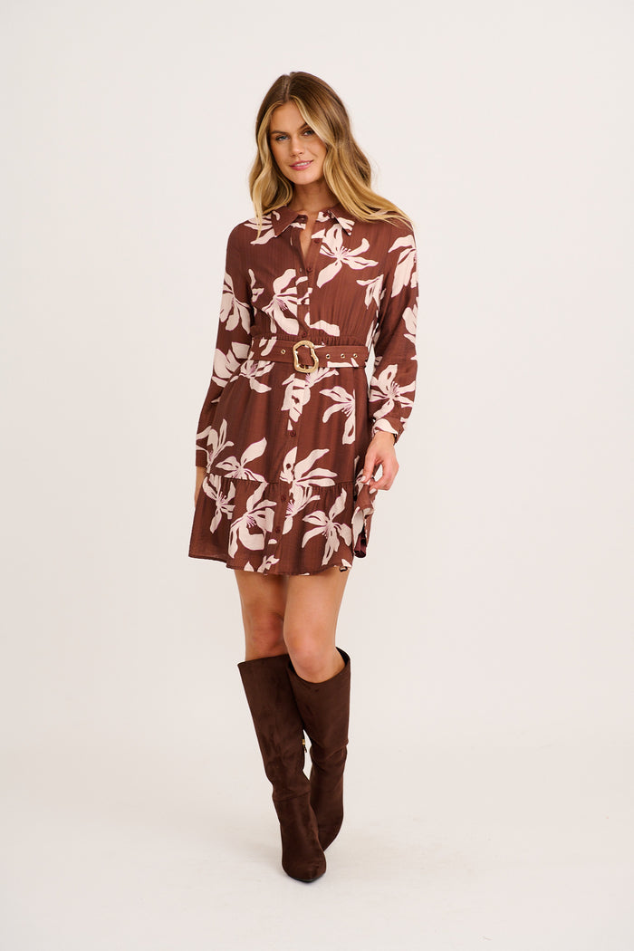 Marigold Shirt Dress in Brown with Blush Floral full length