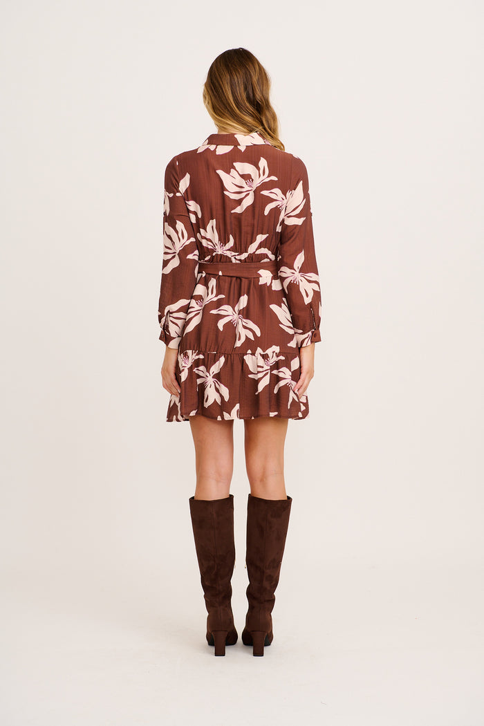 Marigold Shirt Dress in Brown with Blush Floral back