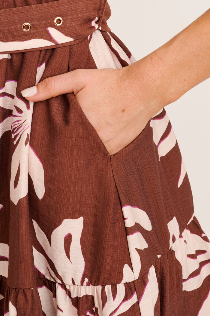 Marigold Shirt Dress in Brown with Blush Floral detail