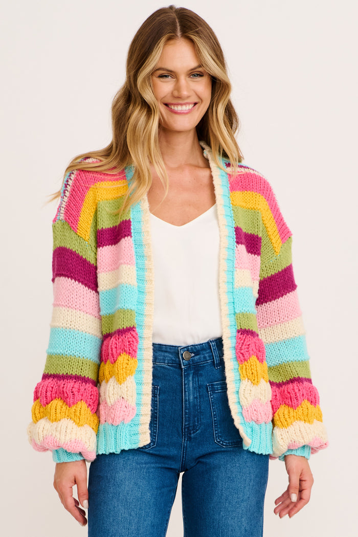 Comfort Club Knit Cardigan in Aqua Multi Wool Blend front