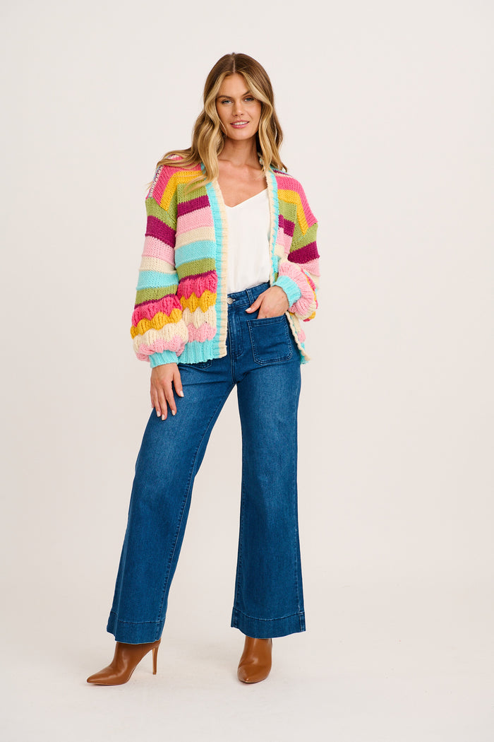 Comfort Club Knit Cardigan in Aqua Multi Wool Blend full length