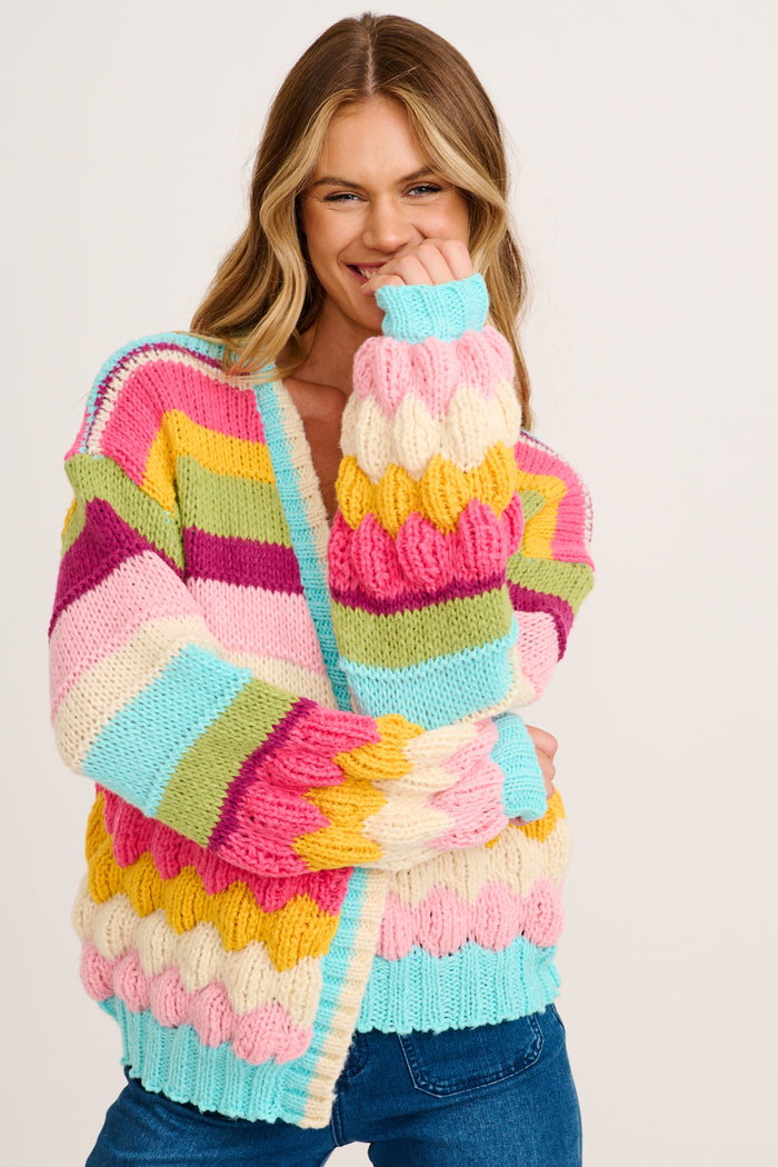 Comfort Club Knit Cardigan in Aqua Multi Wool Blend front