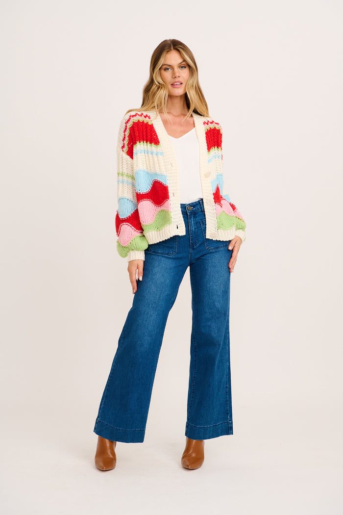 Blissfully Knit Cardigan in White Multi Wool Blend full length