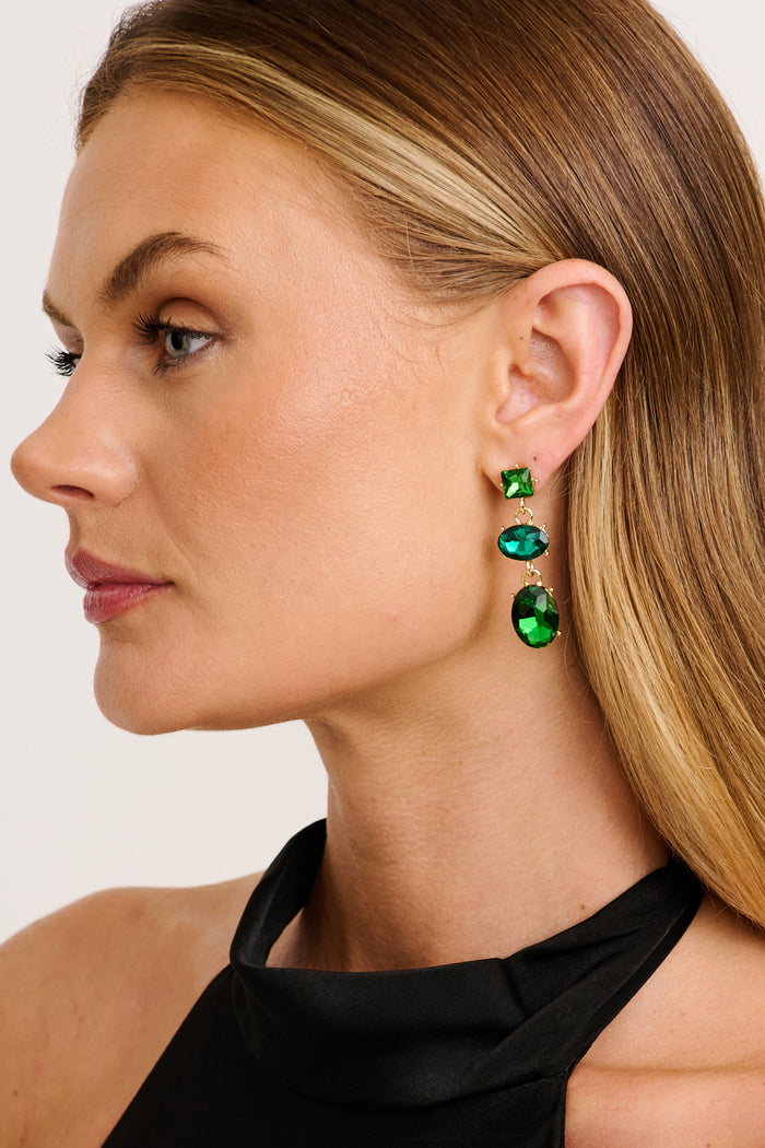 Ivy Drop Earrings in Emerald Green Rhinestone on model side