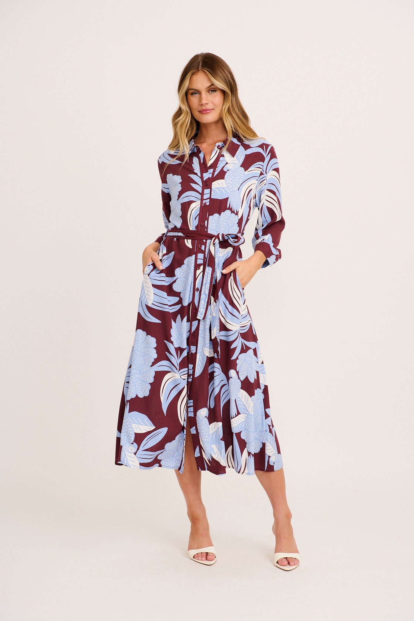 Leahne Midi Shirt Dress Blue Brown Floral
