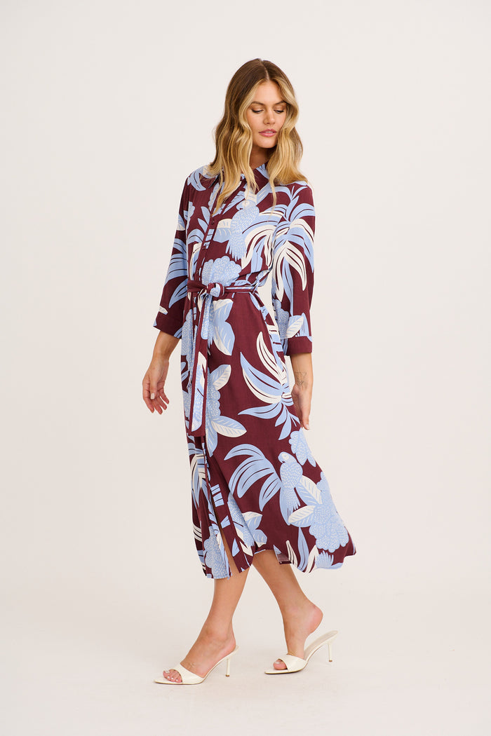 Leahne Midi Shirt Dress in Blue with Brown Floral side
