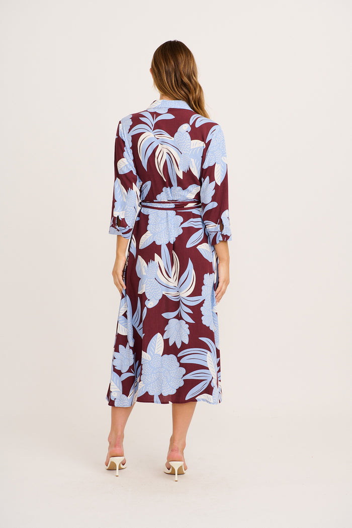 Leahne Midi Shirt Dress in Blue with Brown Floral back