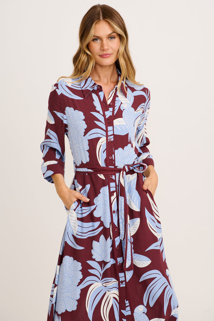Leahne Midi Shirt Dress in Blue with Brown Floral front