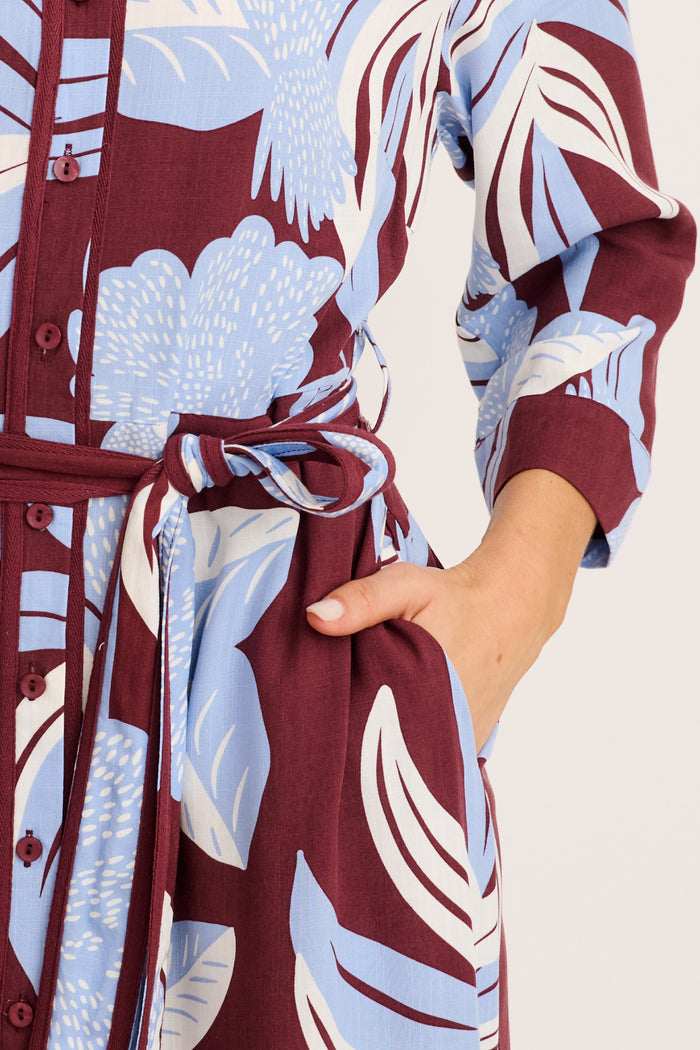 Leahne Midi Shirt Dress in Blue with Brown Floral detail