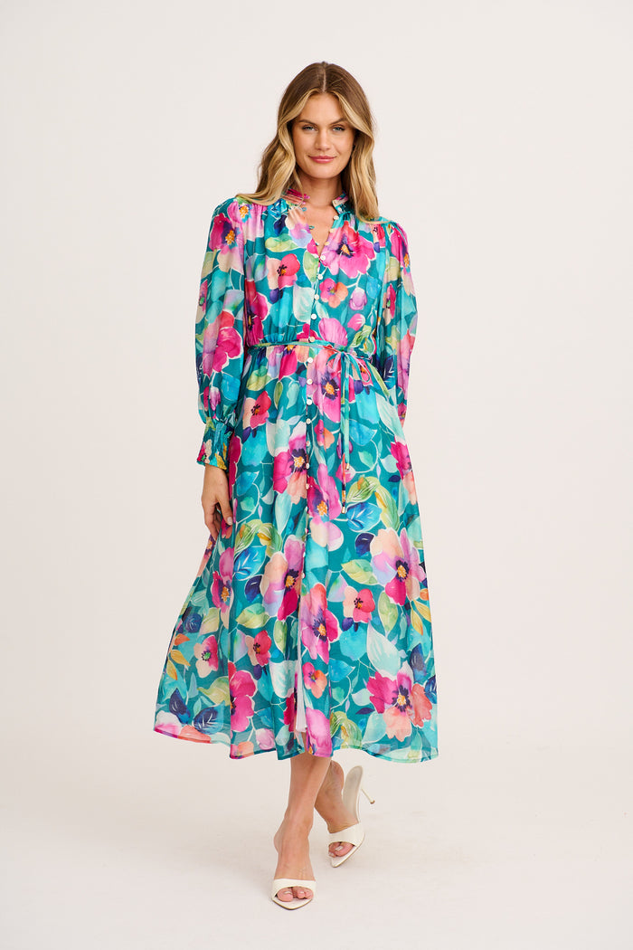 Prudence Midi Dress in Green Multi Floral Cotton Blend full length