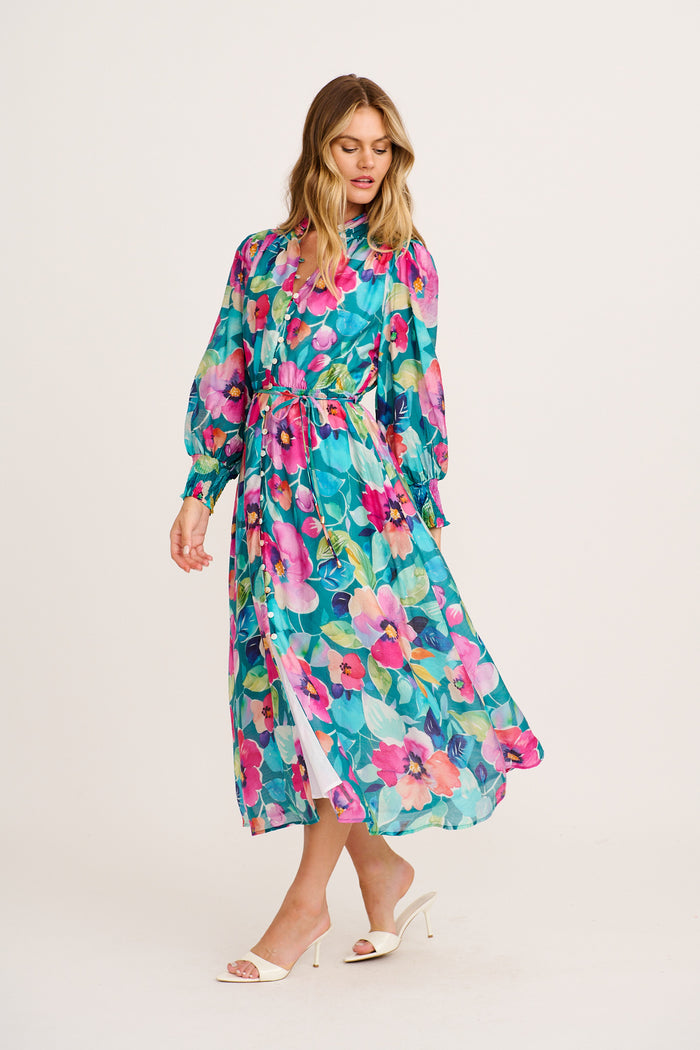 Prudence Midi Dress in Green Multi Floral Cotton Blend side