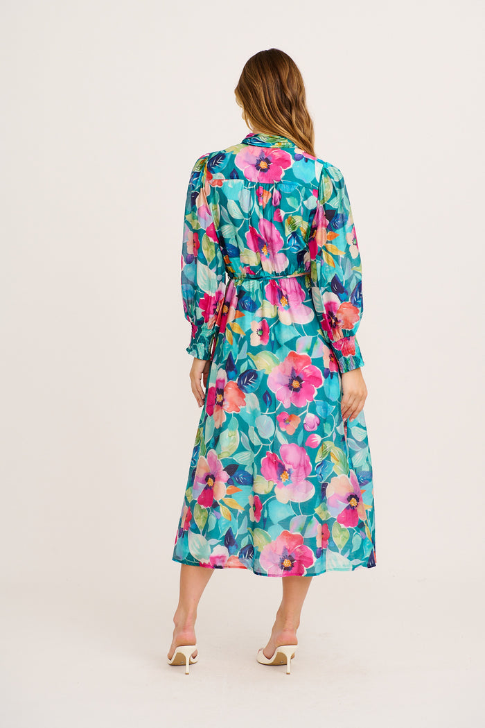 Prudence Midi Dress in Green Multi Floral Cotton Blend back