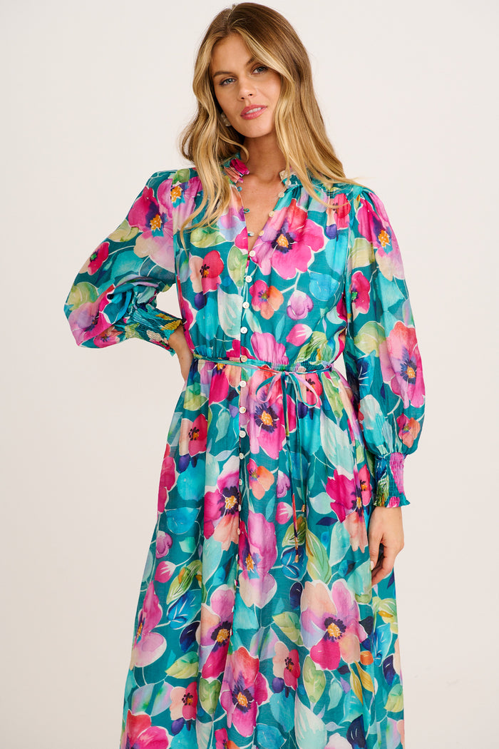 Prudence Midi Dress in Green Multi Floral Cotton Blend front