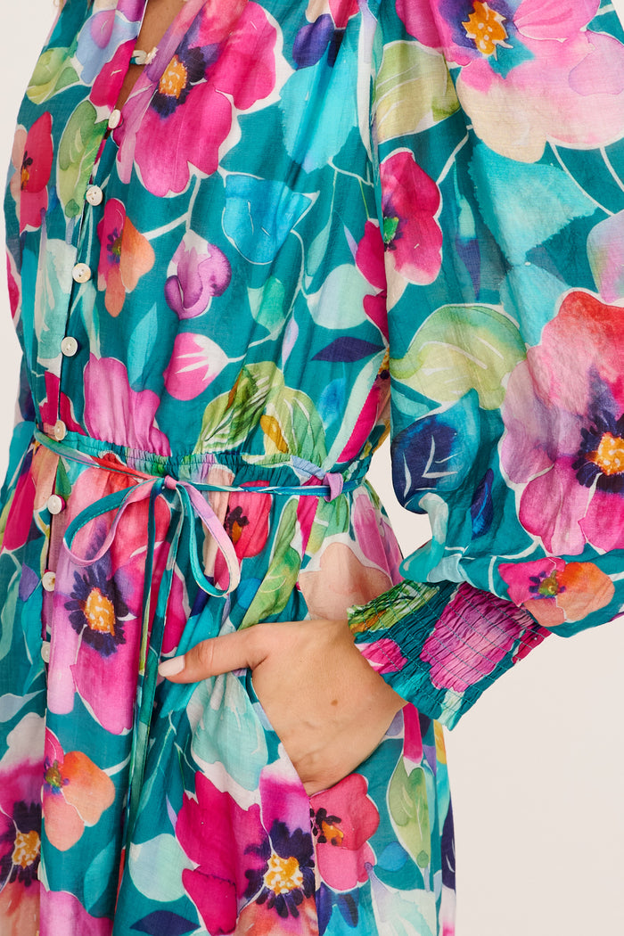Prudence Midi Dress in Green Multi Floral Cotton Blend detail