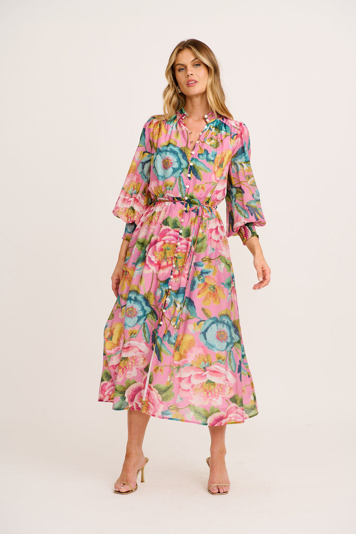 Prudence Midi Dress in Pink Multi Floral Cotton Blend full length