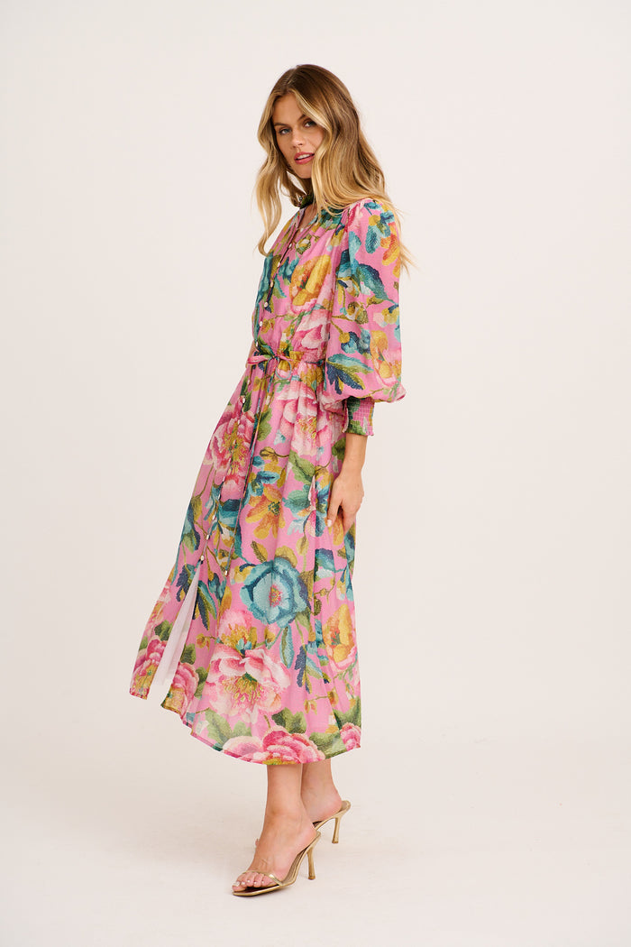 Prudence Midi Dress in Pink Multi Floral Cotton Blend side
