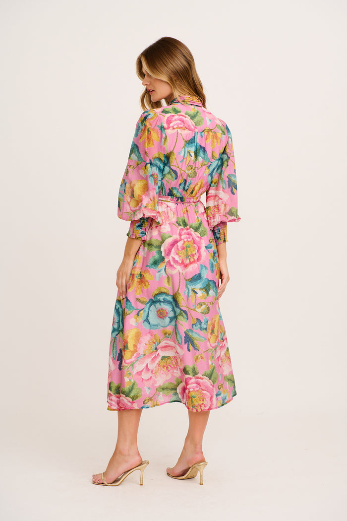 Prudence Midi Dress in Pink Multi Floral Cotton Blend back