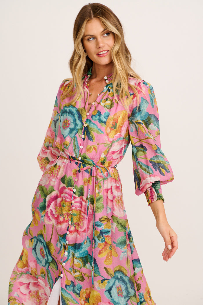 Prudence Midi Dress in Pink Multi Floral Cotton Blend front