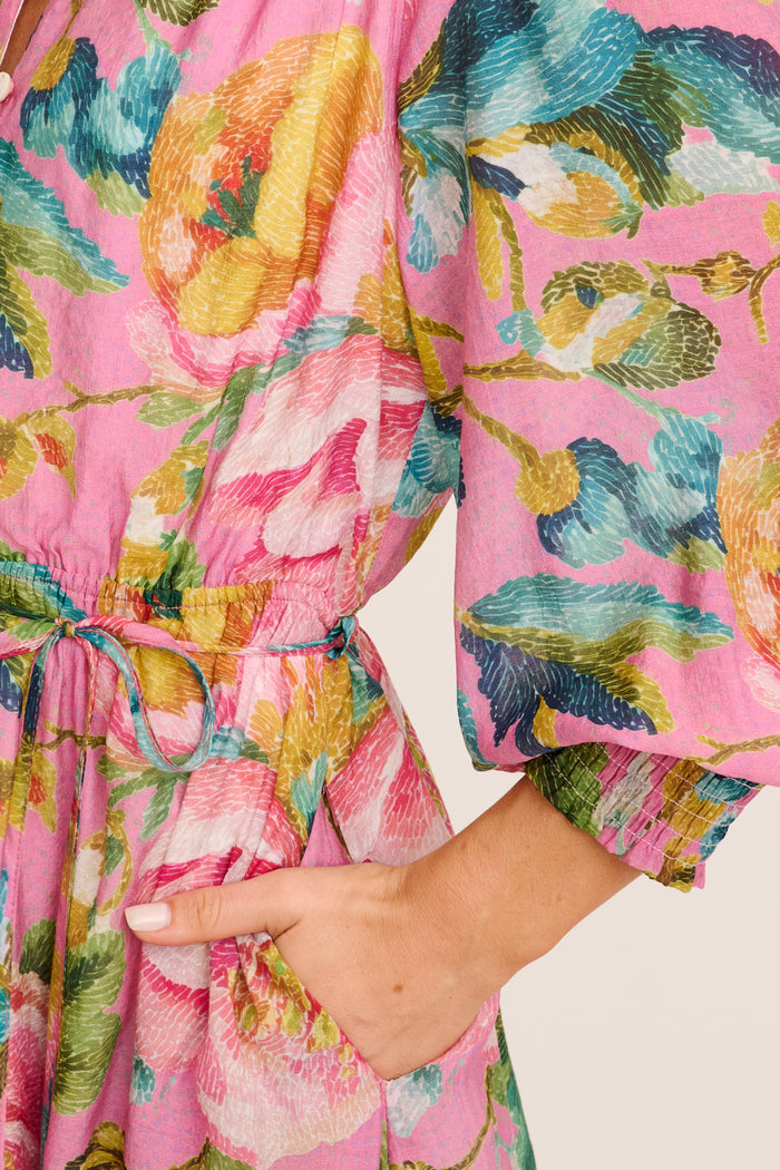 Prudence Midi Dress in Pink Multi Floral Cotton Blend detail