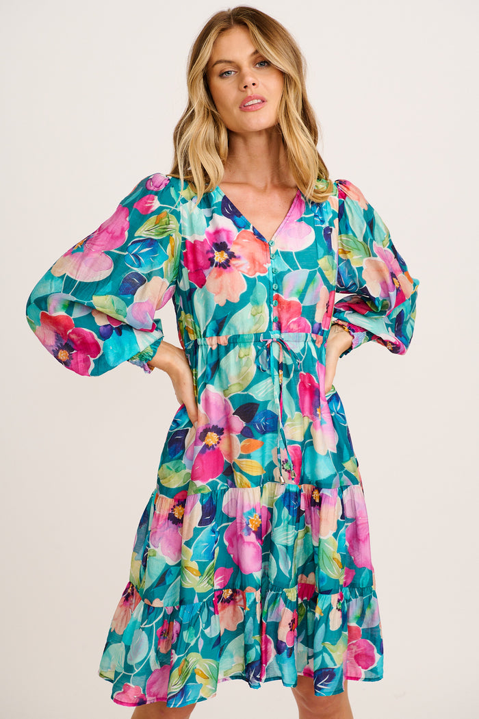 Tilley Dress in Green Multi Floral Cotton Blend front