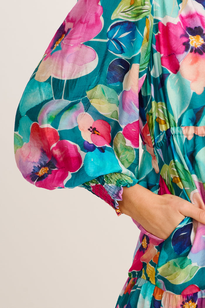Tilley Dress in Green Multi Floral Cotton Blend detail