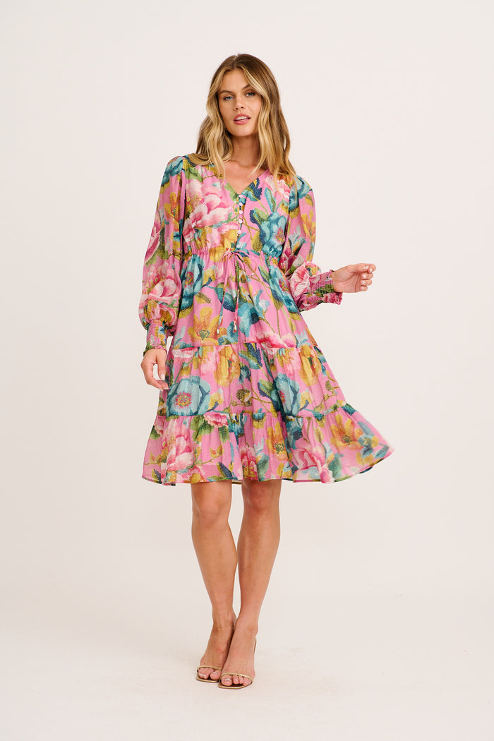 Tilley Dress in Pink Multi Floral Cotton Blend full length